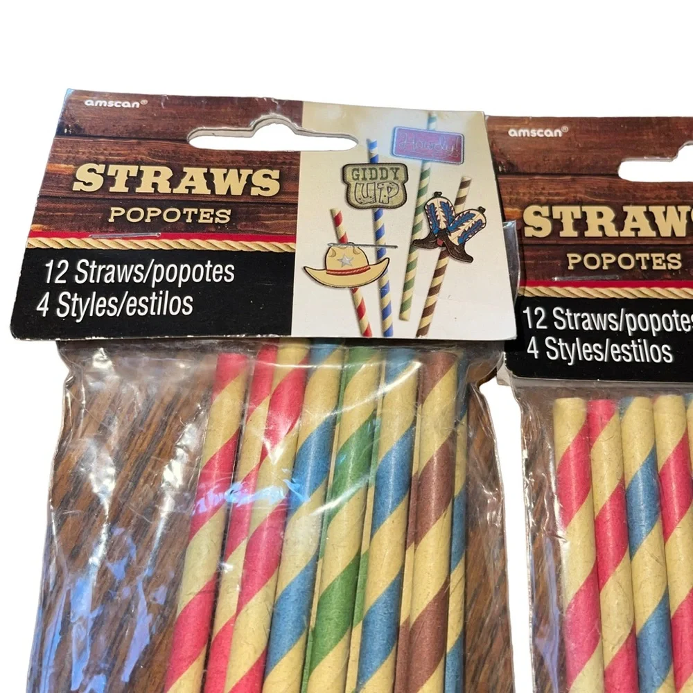 PAPER STRAWS COWBOY THEME 3 PACKS OF 12 Novelty Straws Vintage Look 36 Total